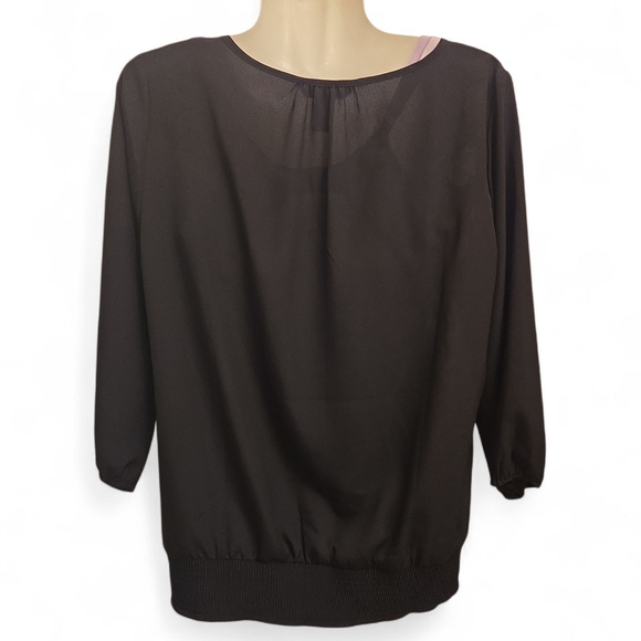 White House Black Market Black Floral Print 3/4 Sleeve Scoop Neck Top Size S - Picture 2 of 3